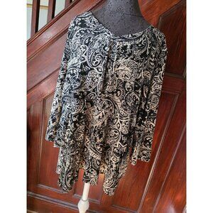 Susan Graver XL Black & White Paisley Print Tunic Top 3/4 Sleeves Liquid Knit